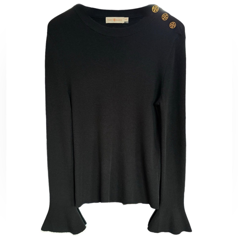 Tory Burch Black Bell Sleeve Sweater. Embellished gold logo buttons.
